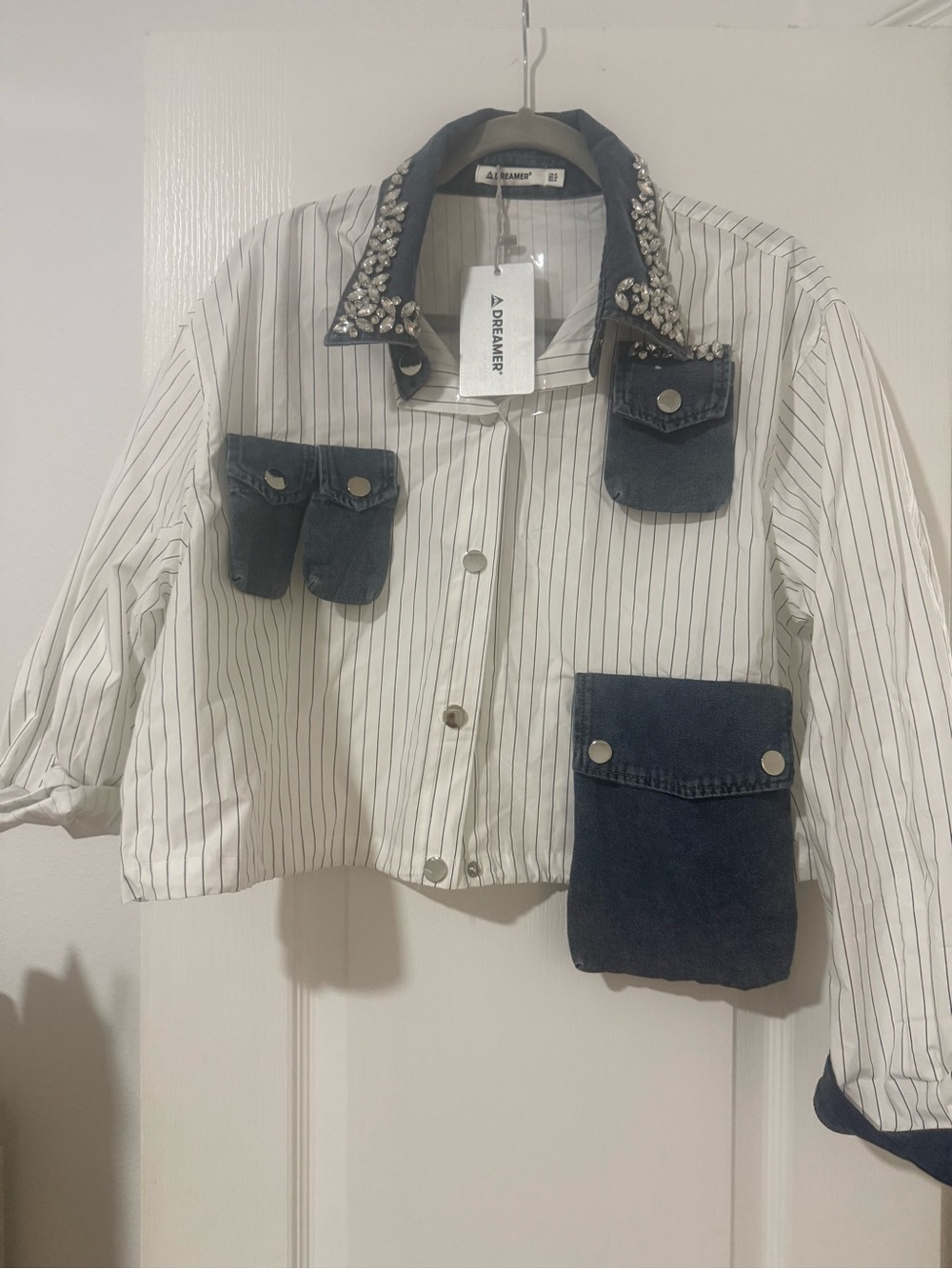 Beaded Collar Pinstripe Jacket with Denim Pockets